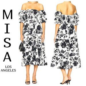 MISA Los Angeles Margarita Dress Black White Floral Smocked Puff Sleeve Midi M